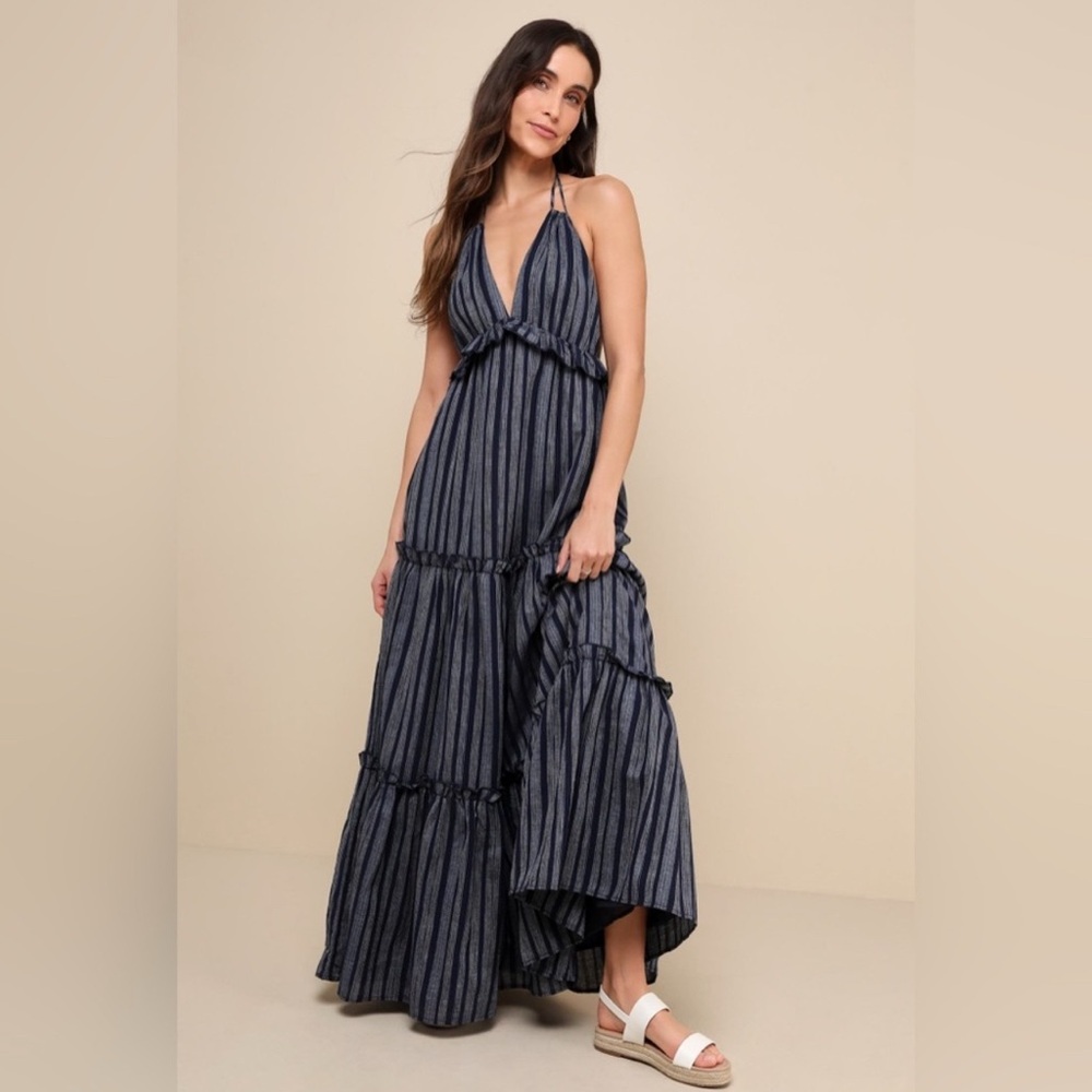 Lulus Vacay Babe Navy Blue Striped Halter Maxi Dress